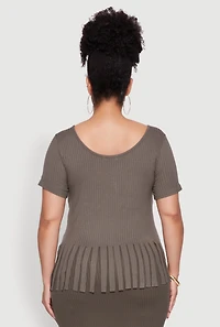 Womens Plus Size Stylish Ribbed Knit Fringe Hem Tee, Green, Size 2X
