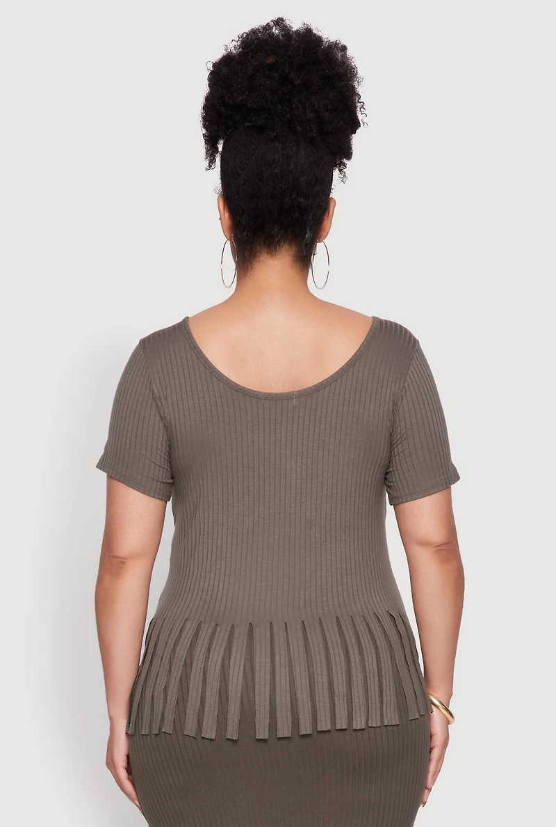 Womens Plus Stylish Ribbed Knit Fringe Hem Tee, Green,