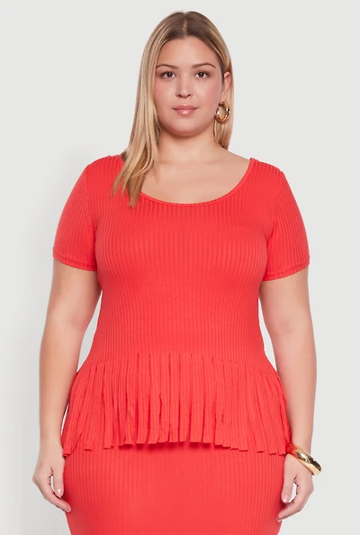 Womens Plus Size Stylish Ribbed Knit Fringe Hem Tee, Orange, Size 2X