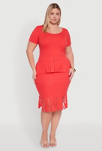Womens Plus Size Stylish Ribbed Knit Fringe Hem Tee, Orange, Size 2X