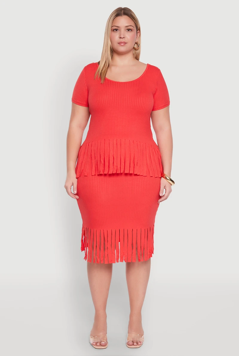 Womens Plus Size Stylish Ribbed Knit Fringe Hem Tee, Orange, Size 2X