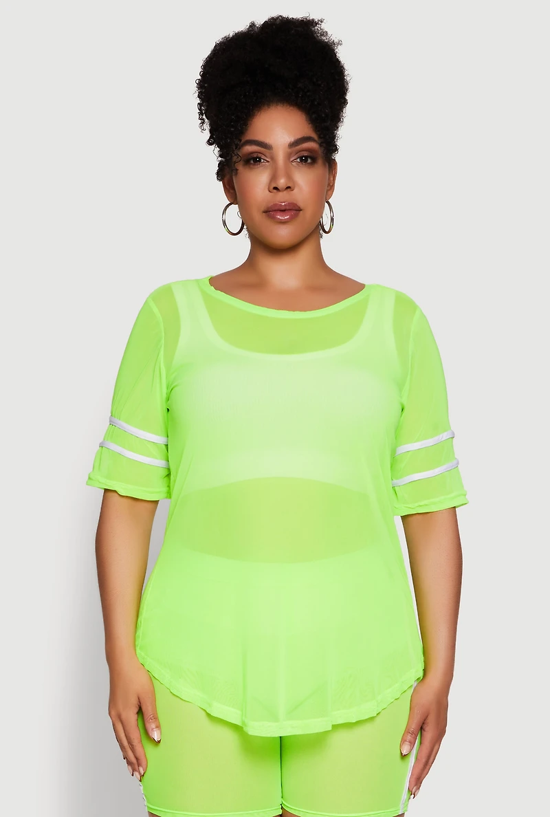 Plus Varsity Stripe Short Sleeve Mesh Top