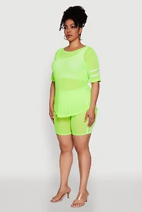 Womens Plus Varsity Stripe Short Sleeve Mesh Top,