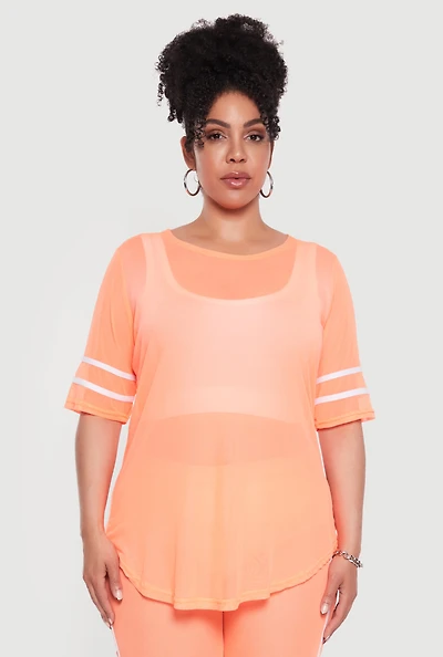 Womens Plus Size Varsity Stripe Short Sleeve Mesh Top, Orange, Size 2X