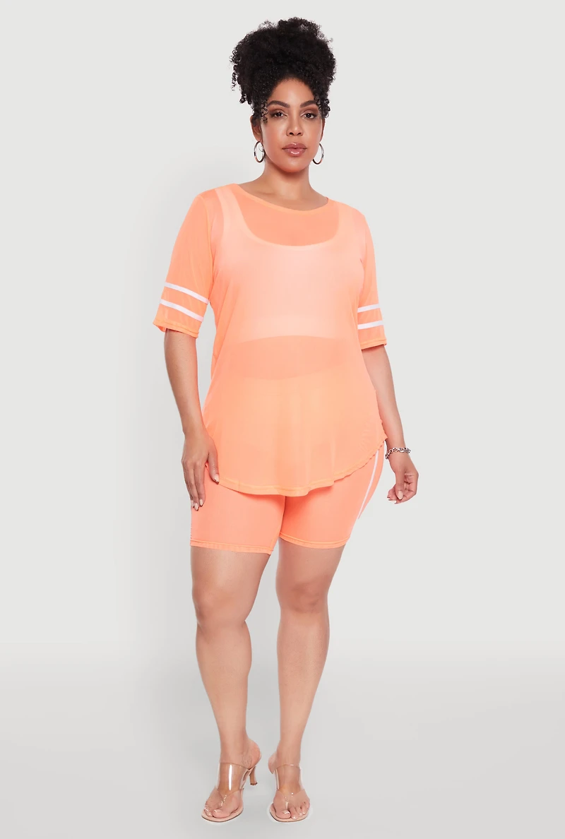 Womens Plus Size Varsity Stripe Short Sleeve Mesh Top, Orange, Size 2X