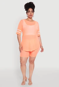 Womens Plus Size Varsity Stripe Short Sleeve Mesh Top, Orange, Size 2X