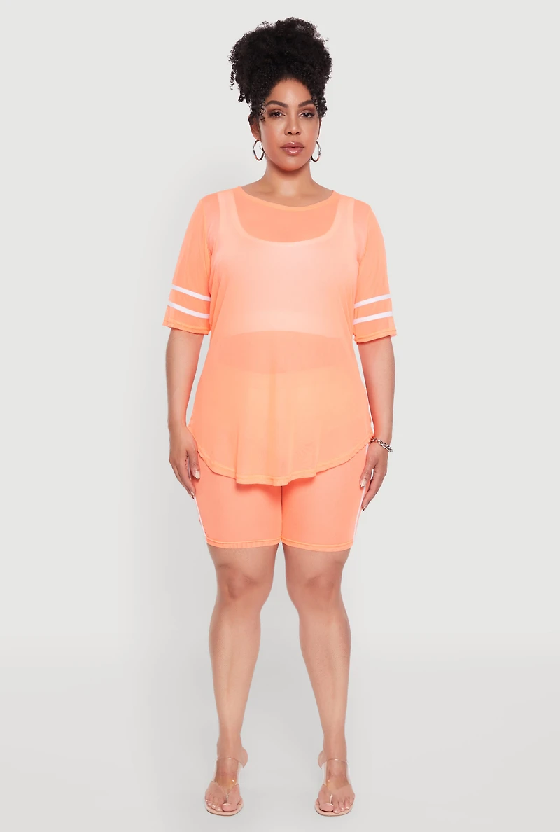 Womens Plus Size Varsity Stripe Short Sleeve Mesh Top, Orange, Size 2X