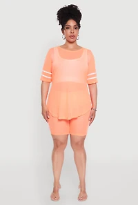 Womens Plus Size Varsity Stripe Short Sleeve Mesh Top, Orange, Size 2X