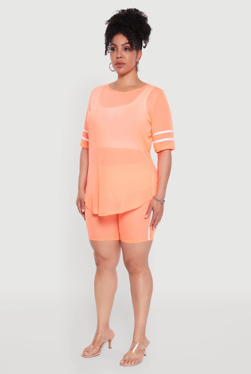Womens Plus Size Varsity Stripe Short Sleeve Mesh Top, Orange, Size 2X