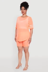 Womens Plus Size Varsity Stripe Short Sleeve Mesh Top, Orange, Size 2X