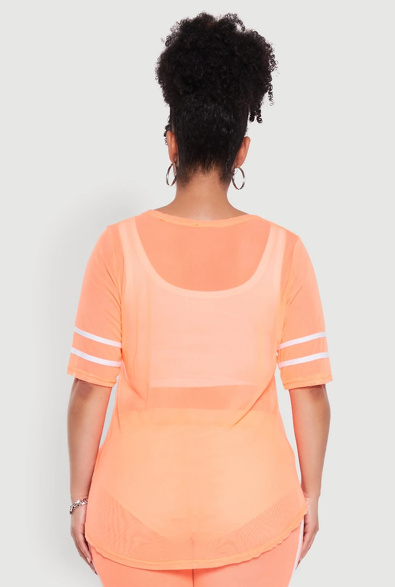 Womens Plus Size Varsity Stripe Short Sleeve Mesh Top, Orange, Size 2X