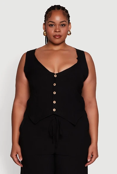 Womens Plus Crepe Knit Button Front Blazer Vest, Black,