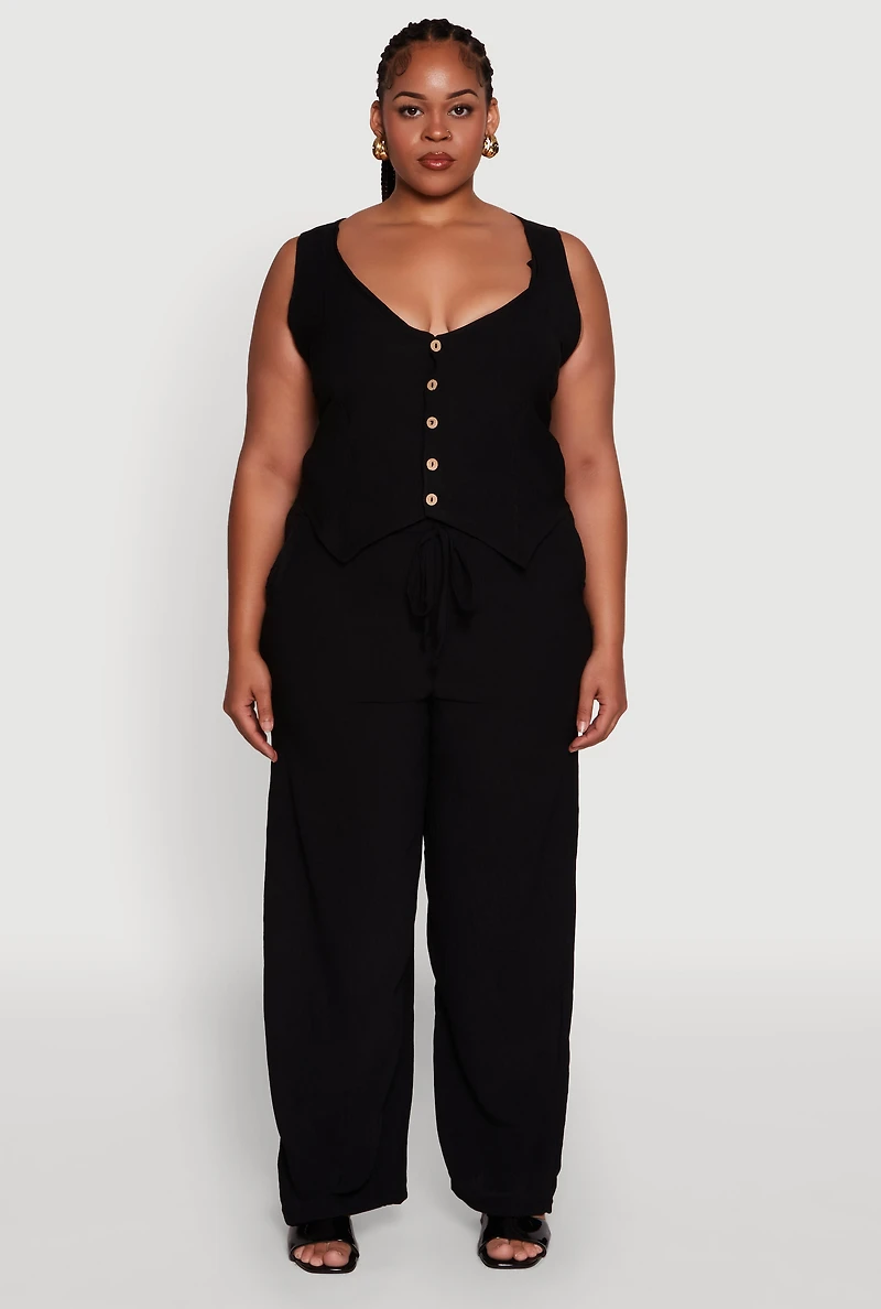 Womens Plus Crepe Knit Button Front Blazer Vest, Black,