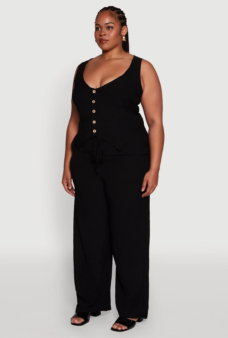 Womens Plus Crepe Knit Button Front Blazer Vest, Black,