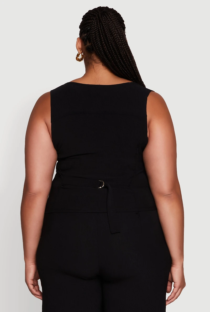 Womens Plus Crepe Knit Button Front Blazer Vest, Black,
