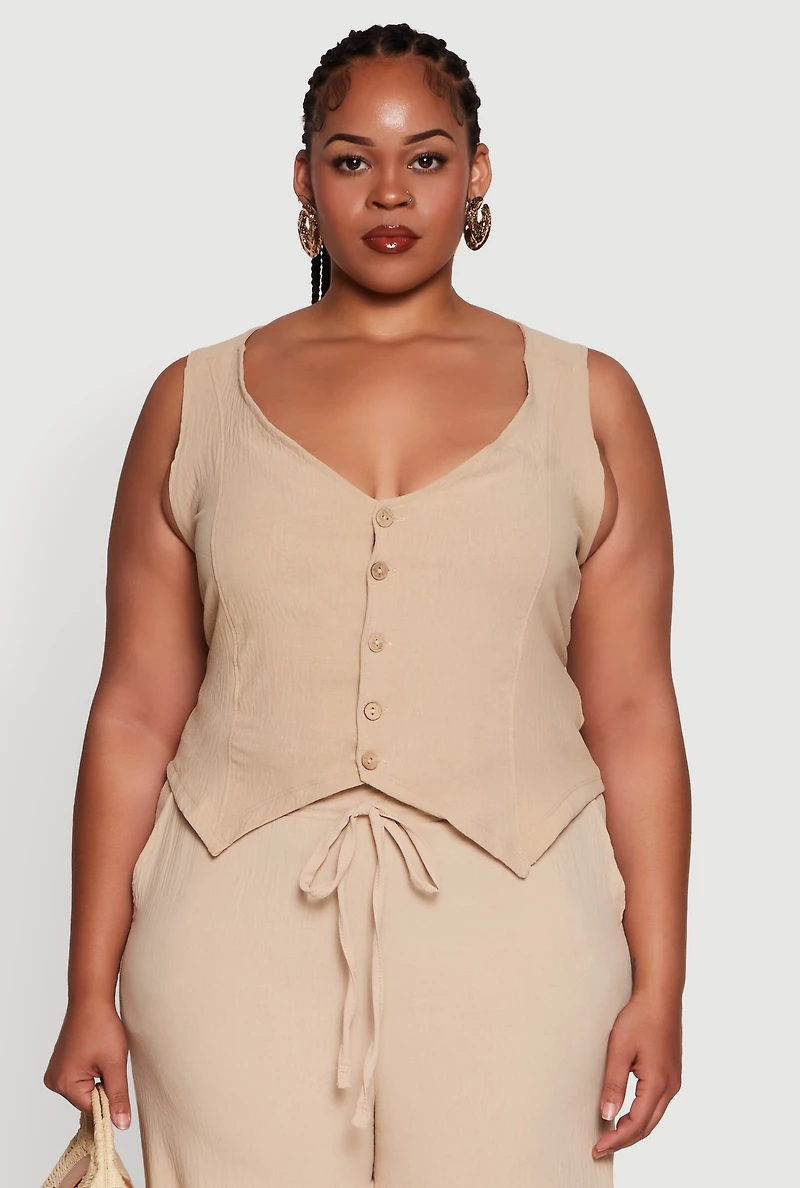 Womens Plus Size Crepe Knit Button Front Blazer Vest, Beige, Size 2X