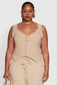 Womens Plus Size Crepe Knit Button Front Blazer Vest, Beige, Size 2X