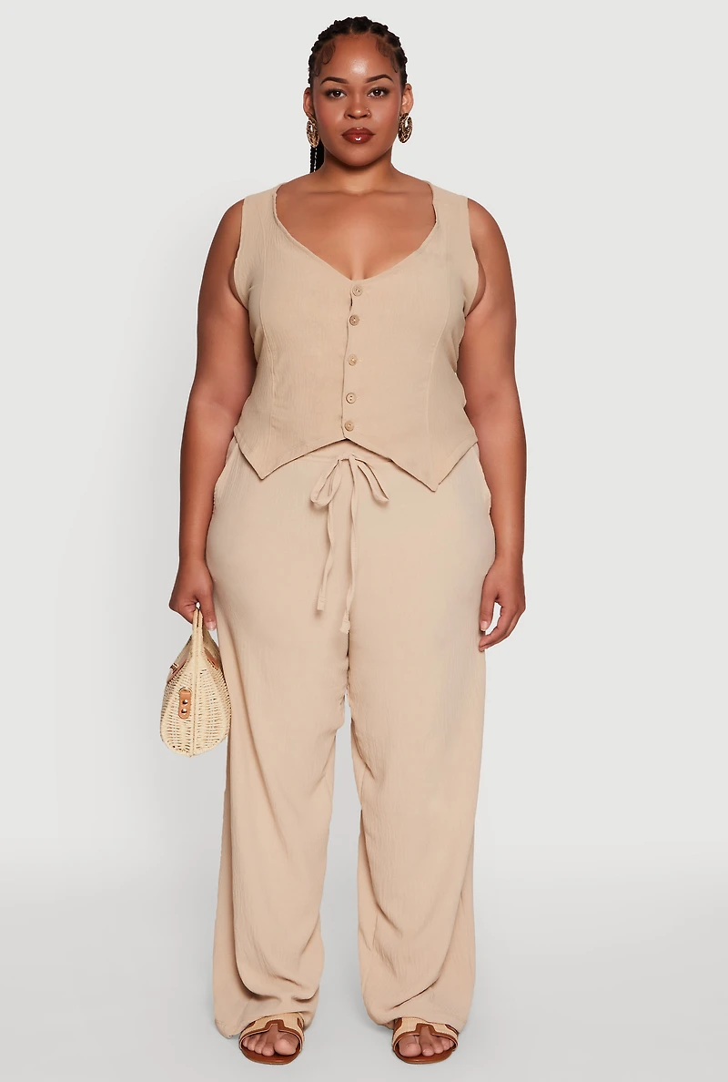 Womens Plus Size Crepe Knit Button Front Blazer Vest, Beige, Size 2X