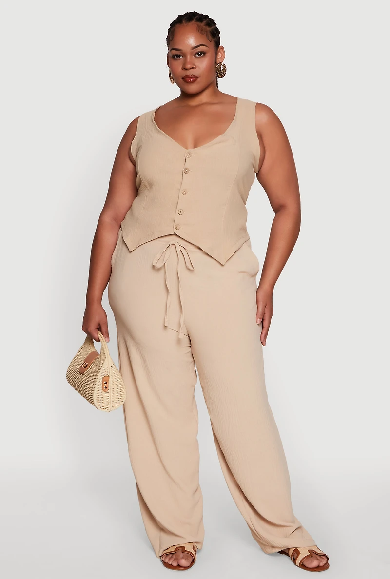 Womens Plus Size Crepe Knit Button Front Blazer Vest, Beige, Size 2X