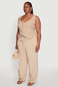 Womens Plus Size Crepe Knit Button Front Blazer Vest, Beige, Size 2X