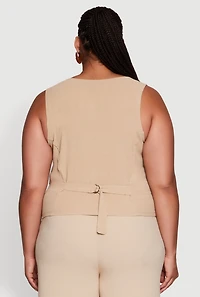 Womens Plus Size Crepe Knit Button Front Blazer Vest, Beige, Size 2X