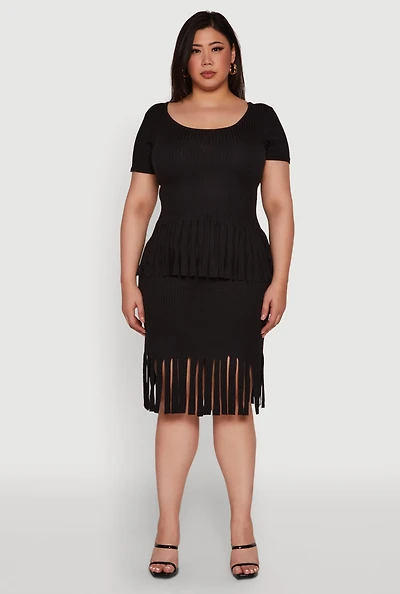 Plus High Waisted Ribbed Knit Fringe Midi Skirt