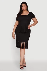 Womens Plus Size High Waisted Ribbed Knit Fringe Midi Skirt, Black, Size 4X