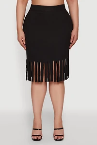 Womens Plus Size High Waisted Ribbed Knit Fringe Midi Skirt, Black, Size 4X