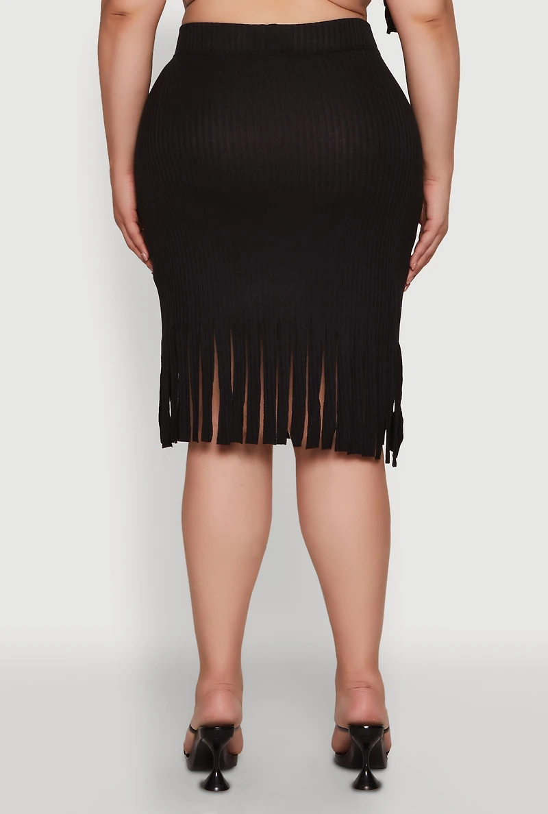 Womens Plus Size High Waisted Ribbed Knit Fringe Midi Skirt, Black, Size 4X