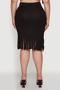 Womens Plus Size High Waisted Ribbed Knit Fringe Midi Skirt, Black, Size 4X