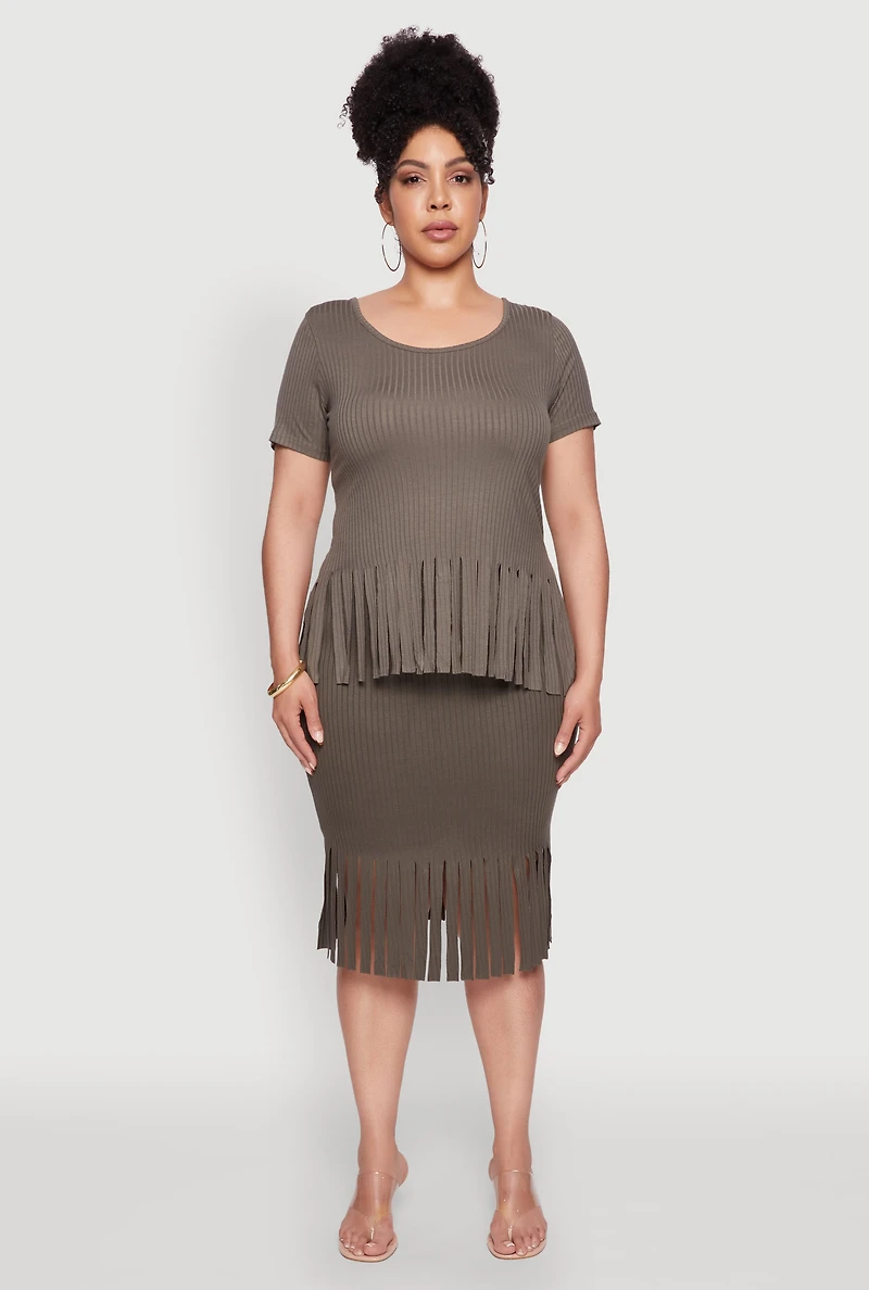 Womens Plus Size High Waisted Ribbed Knit Fringe Midi Skirt, Green, Size 2X