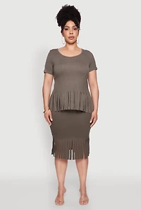 Womens Plus Size High Waisted Ribbed Knit Fringe Midi Skirt, Green, Size 2X