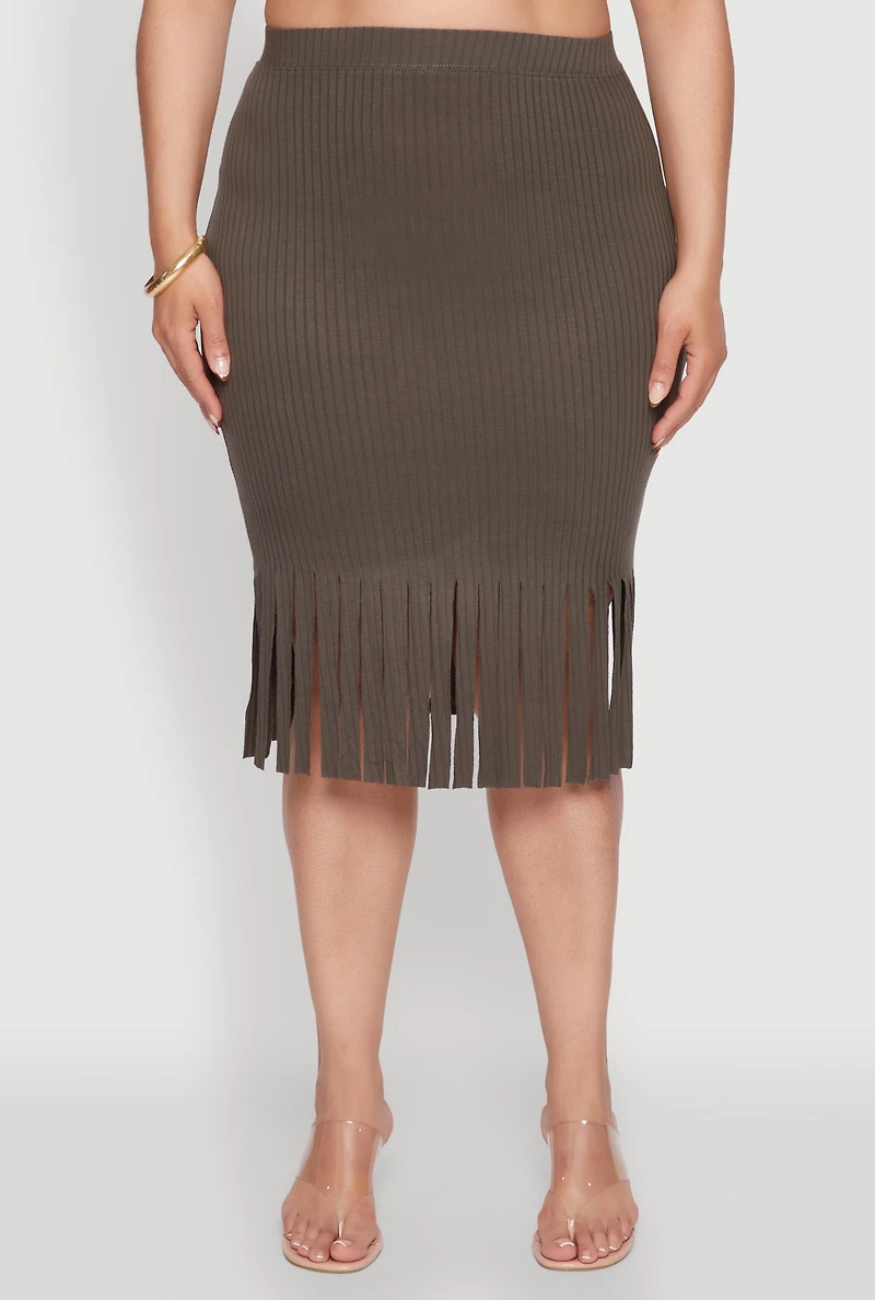 Womens Plus Size High Waisted Ribbed Knit Fringe Midi Skirt, Green, Size 2X