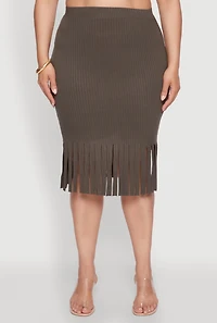 Womens Plus Size High Waisted Ribbed Knit Fringe Midi Skirt, Green, Size 2X