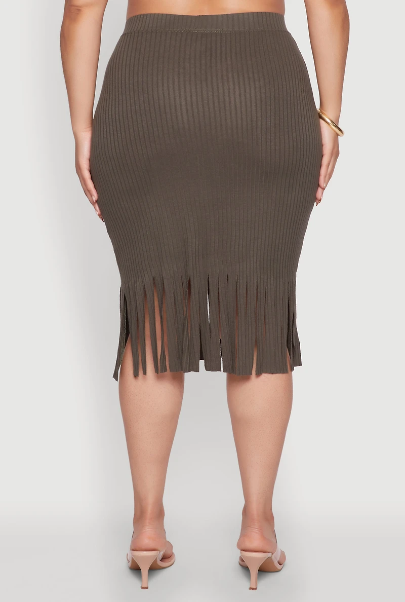 Womens Plus Size High Waisted Ribbed Knit Fringe Midi Skirt, Green, Size 2X