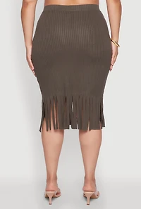 Womens Plus Size High Waisted Ribbed Knit Fringe Midi Skirt, Green, Size 2X