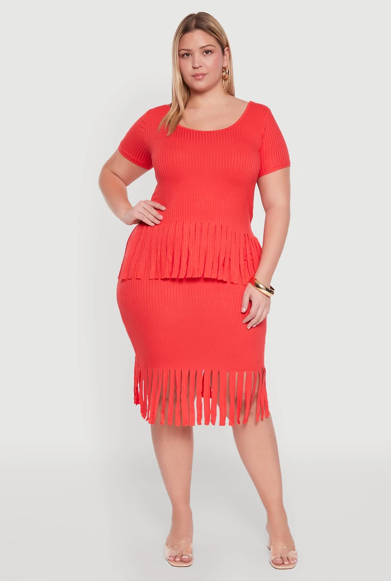 Plus High Waisted Ribbed Knit Fringe Midi Skirt