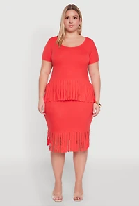 Womens Plus Size High Waisted Ribbed Knit Fringe Midi Skirt, Orange, Size 4X