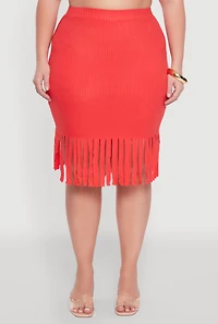 Womens Plus Size High Waisted Ribbed Knit Fringe Midi Skirt, Orange, Size 4X