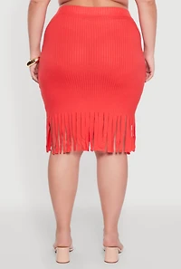 Womens Plus Size High Waisted Ribbed Knit Fringe Midi Skirt, Orange, Size 4X