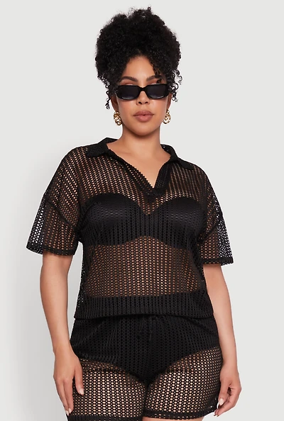Womens Plus Laser Cut Collared Short Sleeve Top,