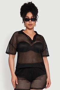 Womens Plus Laser Cut Collared Short Sleeve Top,