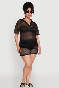 Womens Plus Size Laser Cut Collared Short Sleeve Top, Black, Size 1X