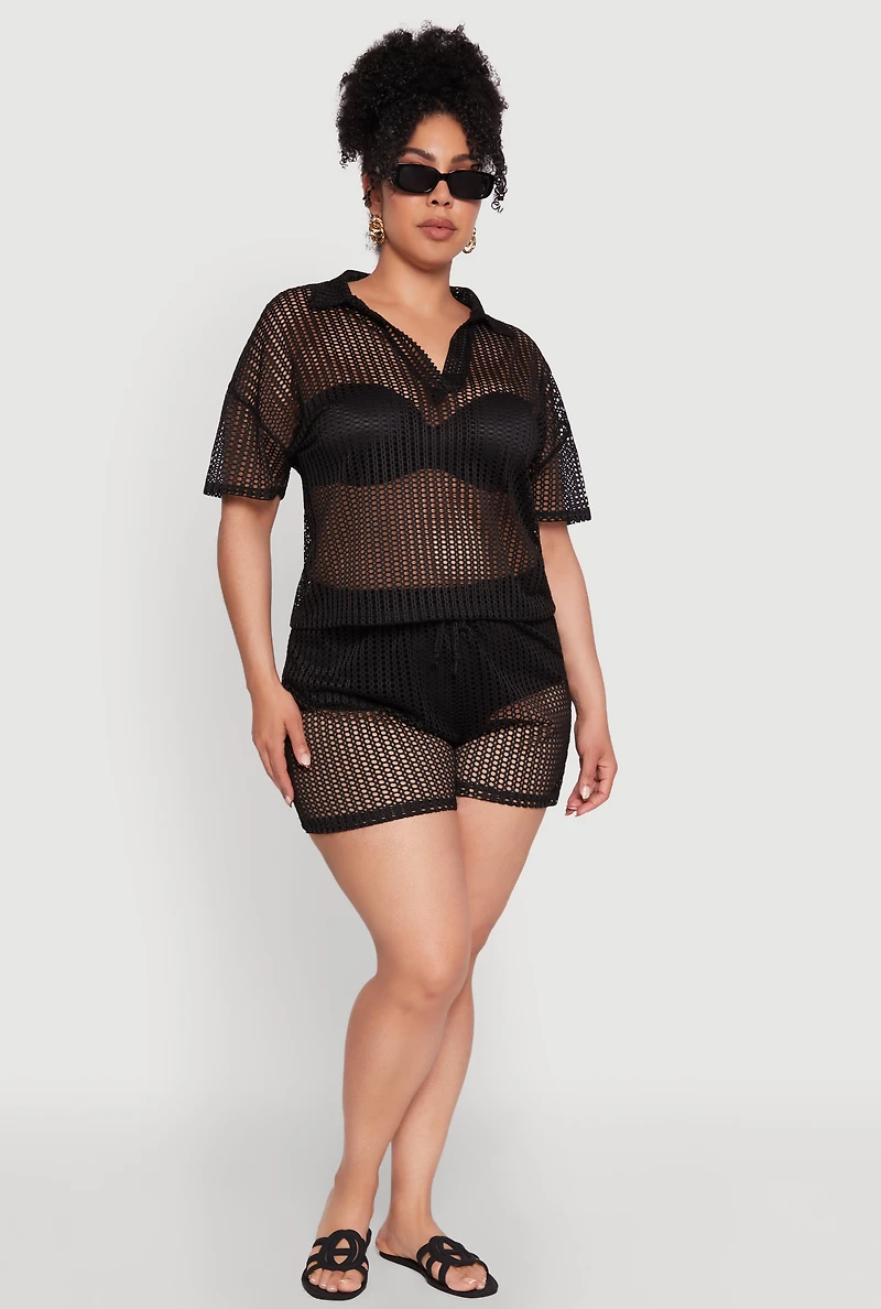 Womens Plus Laser Cut Collared Short Sleeve Top, Black,