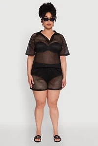 Womens Plus Laser Cut Collared Short Sleeve Top,