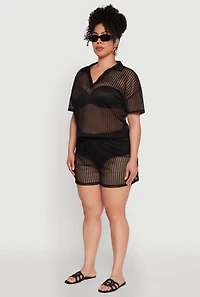 Womens Plus Laser Cut Collared Short Sleeve Top,