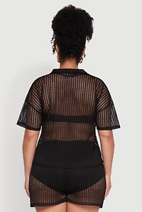 Womens Plus Size Laser Cut Collared Short Sleeve Top, Black, Size 1X