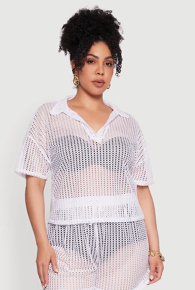 Womens Plus Size Laser Cut Collared Short Sleeve Top, White, Size 4X