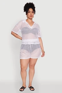 Womens Plus Size Laser Cut Collared Short Sleeve Top, White, Size 4X