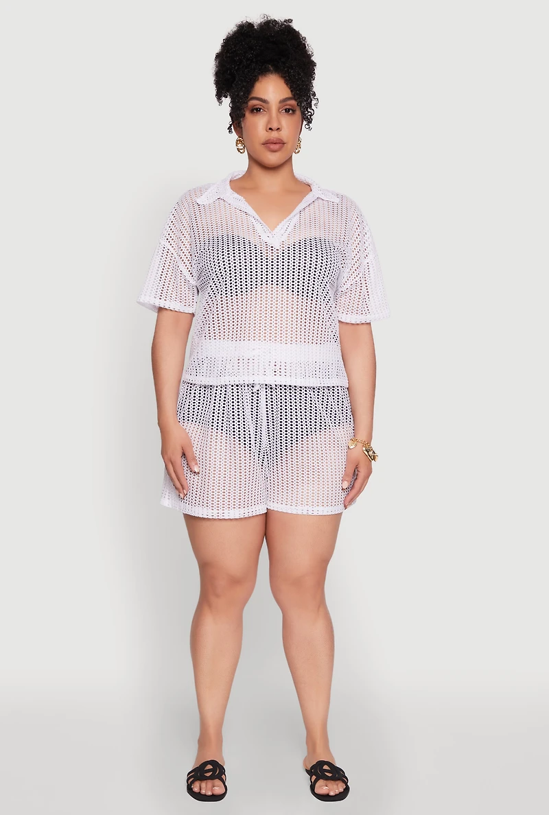 Womens Plus Size Laser Cut Collared Short Sleeve Top, White, Size 4X
